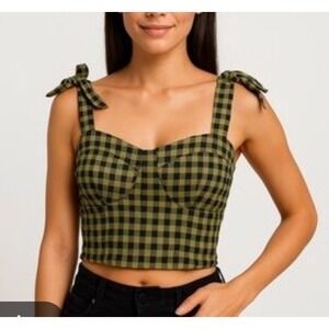 Rabbit Rose Gingham Tie Shoulder Crop Top Green Black XL Smocked Back Camisole